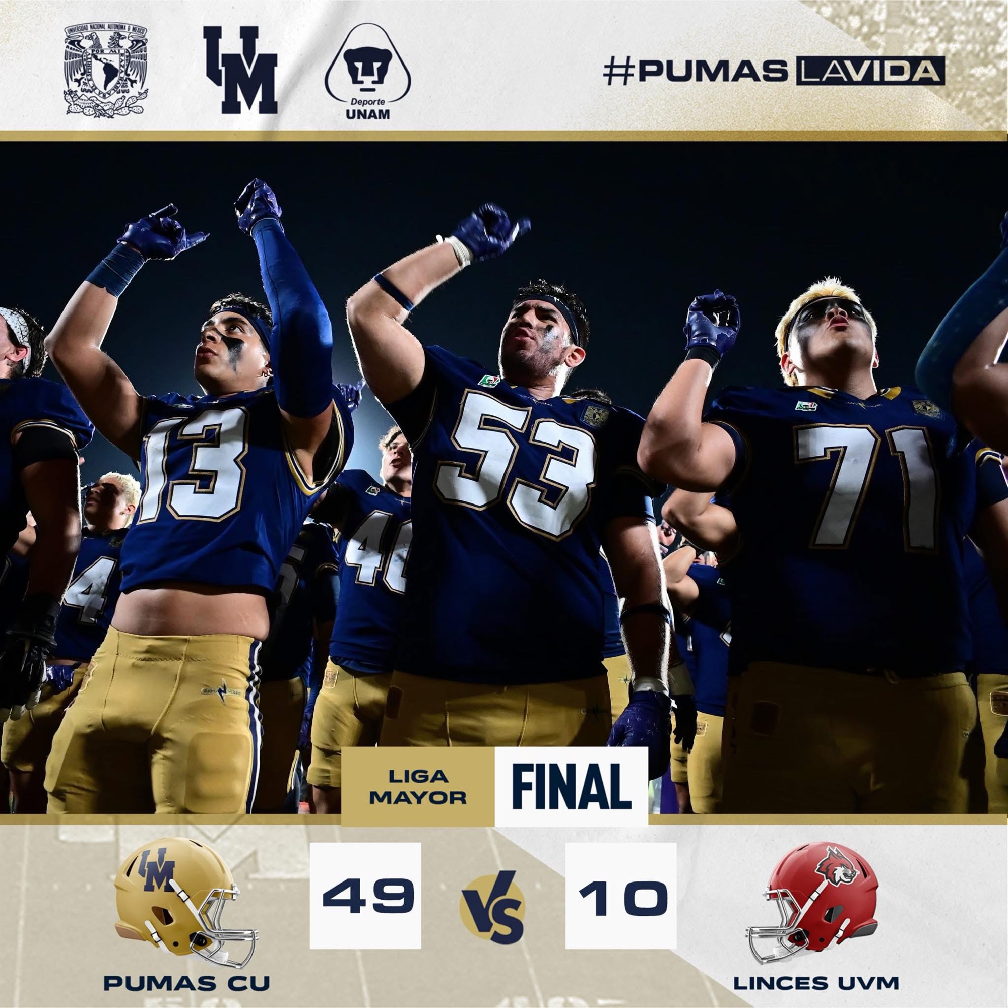 Pumas CU arrasa con Linces UVM 49-10 en el Olímpico Universitario